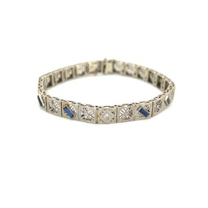Estate Art Deco 14kt White Gold Filigree Diamond And Sapphire Bracelet