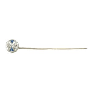 Estate Art Deco 14kt White Gold Platinum Top Sapphire And Diamond Stick Pin