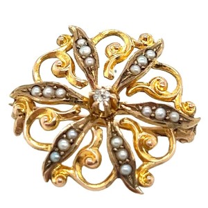 Estate Victorian 14kt Yellow Gold Seed Pearl And Diamond Pin