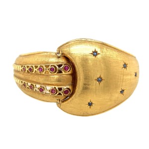 Estate Mid-Century 18kt Yellow Gold Ruby And Sapphire Hinged Cuff Bracelet