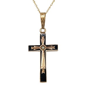 Estate Victorian 14Kt Yellow Gold Black Enamel And Seed Pearl Cross Pendant