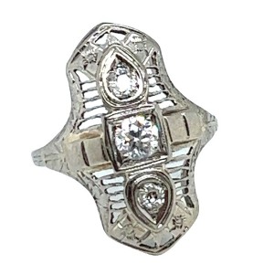 Estate Art Deco 18kt White Gold Diamond Filigree Ring