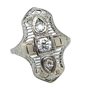 Estate Art Deco 18kt White Gold Diamond Filigree Ring