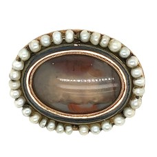 Estate Georgian Style 14kt Yellow Gold Agate And Seed Pearl Pin