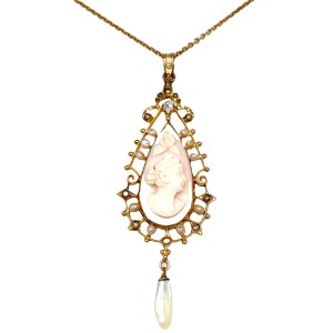 Estate Victorian 14kt Yellow Gold Cameo And Pearl Pendant Necklace
