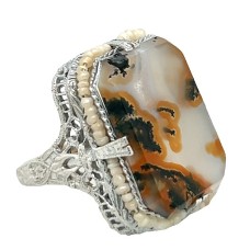 Estate 14kt White Gold Agate And Seed Pearl Filigree Ring