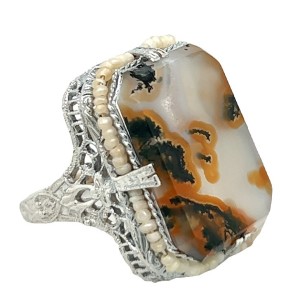 Estate 14kt White Gold Agate And Seed Pearl Filigree Ring