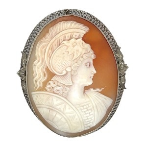 Estate 14kt White Gold Carved Cameo Pendant Brooch