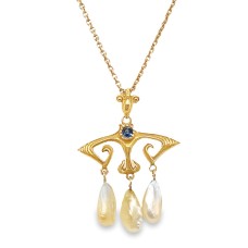 Estate Art Nouveau 14kt Yellow Gold Sapphire And Winged Pearl Pendant Necklace