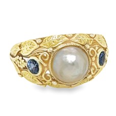 Estate Art Nouveau 14kt Yellow Gold Leaf And Vine Pearl And Sapphire Ring