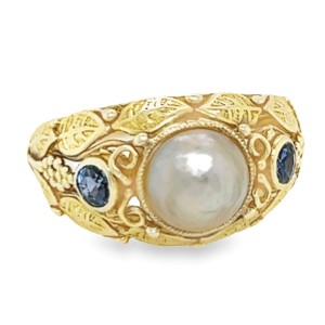 Estate Art Nouveau 14kt Yellow Gold Leaf And Vine Pearl And Sapphire Ring