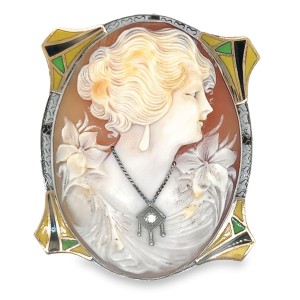 Estate Art Deco 14kt White Gold Enamel Cameo Habille Brooch/ Pendant