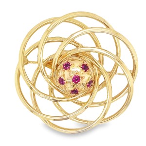 Estate Mid-Century 14kt Yellow Gold Swirl Circle Ruby Brooch