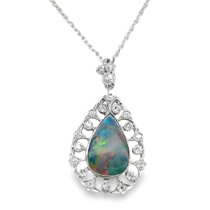 Estate Edwardian Revival 14kt White Gold Opal And Diamond 