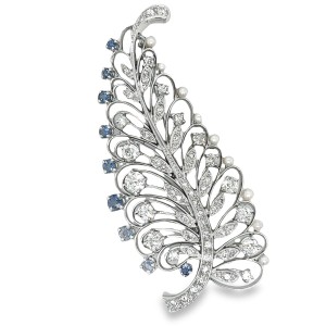 Estate Platinum Diamond, Sapphire, And Seed Pearl Leaf Brooch