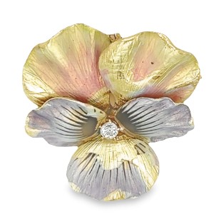 Estate Victorian 14kt Yellow Gold Enamel Pansy Pin With Diamond Accent