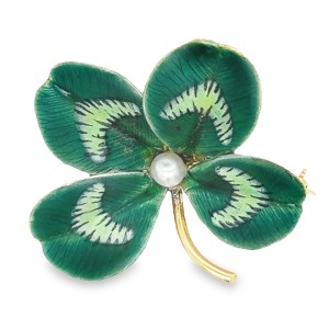 Estate Krementz Victorian 14kt Yellow Gold Enamel Four Leaf Clover Brooch