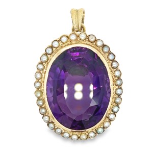 Estate Victorian 14kt Yellow Gold Amethyst And Seed Pearl Pendant Brooch