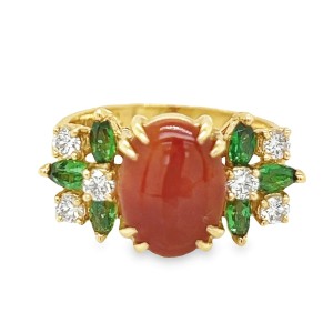 Estate Mid Century 18kt Yellow Gold Carnelian, Tsavorite, And Diamond Ring