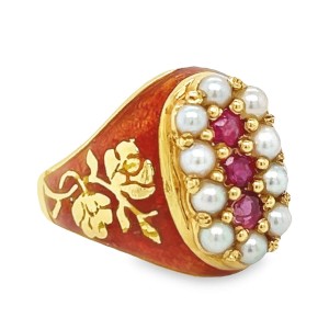 Estate 18kt Yellow Gold Ruby, Seed Pearl. And Enamel Ring