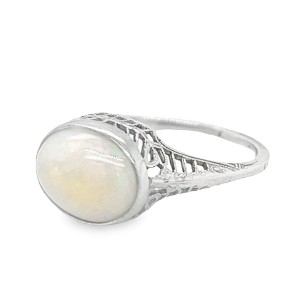 Estate Art Deco 14kt White Gold Opal Filigree Ring