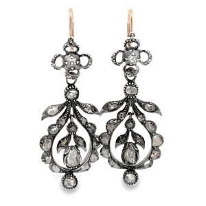 Estate Georgian Silver Topped 14kt Yellow Gold Diamond Drop Earrings