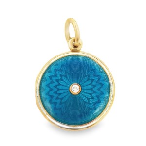 Estate 14kt Yellow Gold Blue Guilloche Enamel Locket