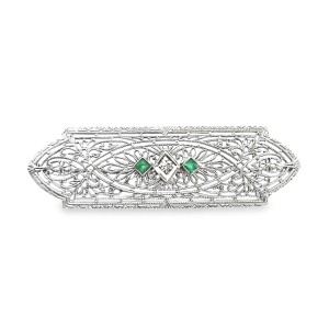 Estate Art Deco 10kt White Gold Emerald And Diamond Bar Brooch