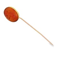 Estate Art Deco 14kt Yellow Gold Carved Carnelian Stick Pin