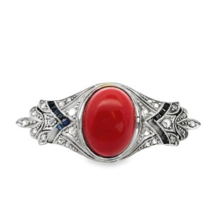 Estate Silver Topped Gold Coral, Sapphire And Diamond Brooch