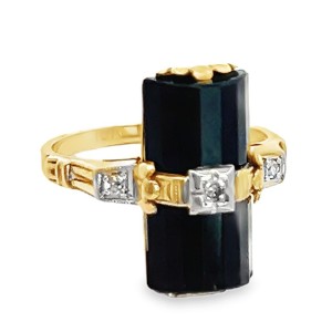 Estate Art Deco 10kt Yellow Gold Onyx And Diamond Ring
