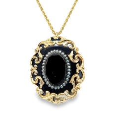 Estate Victorian 10kt Yellow Gold Black Enamel And Seed Pearl Mourning Pendant