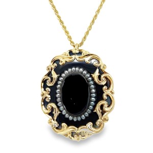 Estate Victorian 10kt Yellow Gold Black Enamel And Seed Pearl Mourning Pendant