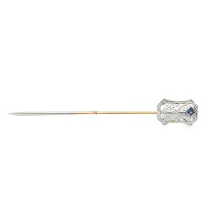 Estate Edwardian 14kt White Gold Filigree Stick Pin With One French Cut Sapphire