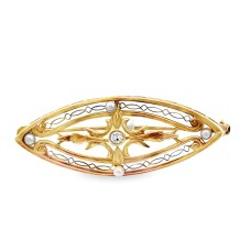 Estate Edwardian 14kt Yellow Gold Navette Brooch With Pearls And Diamonds