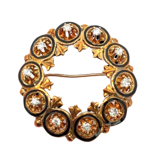 Estate Victorian 18kt Yellow Gold Diamond And Black Enamel Circle Pendant