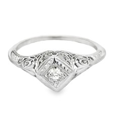 Estate Art Deco 18kt White Gold Filigree Diamond Solitaire Ring