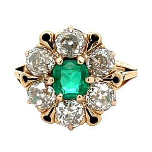 Estate Victorian 18kt Yellow Gold Emerald, Diamond, And Enamel Ring