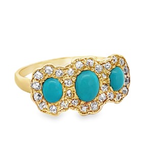 Estate Victorian Style 14kt Yellow Gold Turquoise Diamond Halos Ring