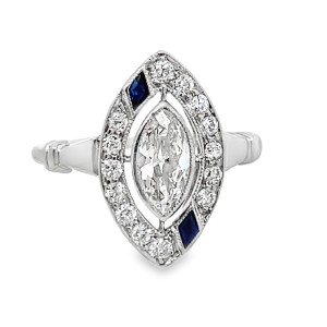 Estate Art Deco Platinum Marquise Diamond And Sapphire Ring