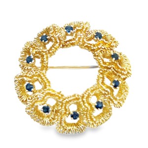 Estate 14kt Yellow Gold Sapphire Coral Circle Brooch