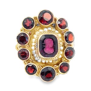 Estate Georgian Revival 14kt Yellow Gold Garnet And Seed Pearl Cameo Ring