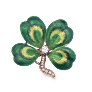 Estate Victorian 14kt Yellow Gold Enameled Four Leaf Clover Brooch