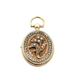 Estate Victorian 14kt Yellow Gold Black Enamel And Seed Pearl Locket