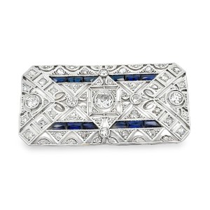 Estate Art Deco Handmade Platinum Topped 18kt Yellow Gold Sapphire And Diamond Brooch