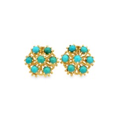 Estate Mid-Century 14kt Yellow Gold Turquoise Cluster Earrings