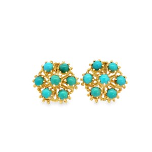 Estate Mid-Century 14kt Yellow Gold Turquoise Cluster Earrings
